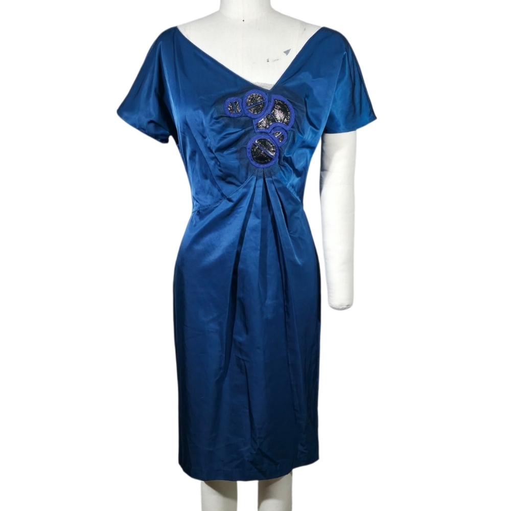 Vera Wang Lavender Label Teal Satin Abstract Embellished Sheath Dress, Size 10